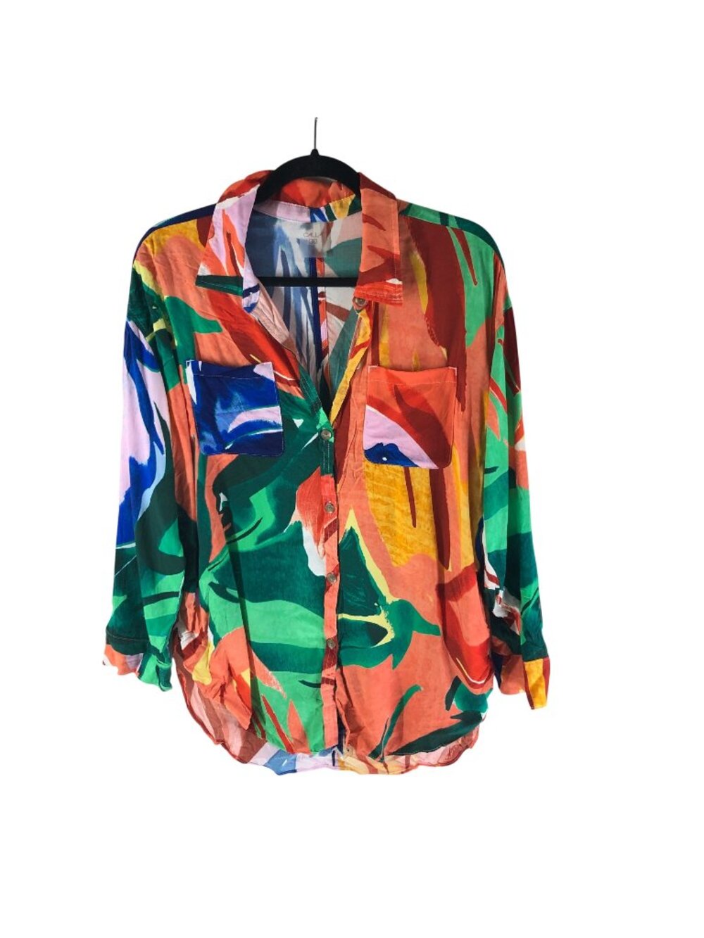 Calia Womens Colorful Abstract Button-Up Shirt Small Long Sleeve Pockets